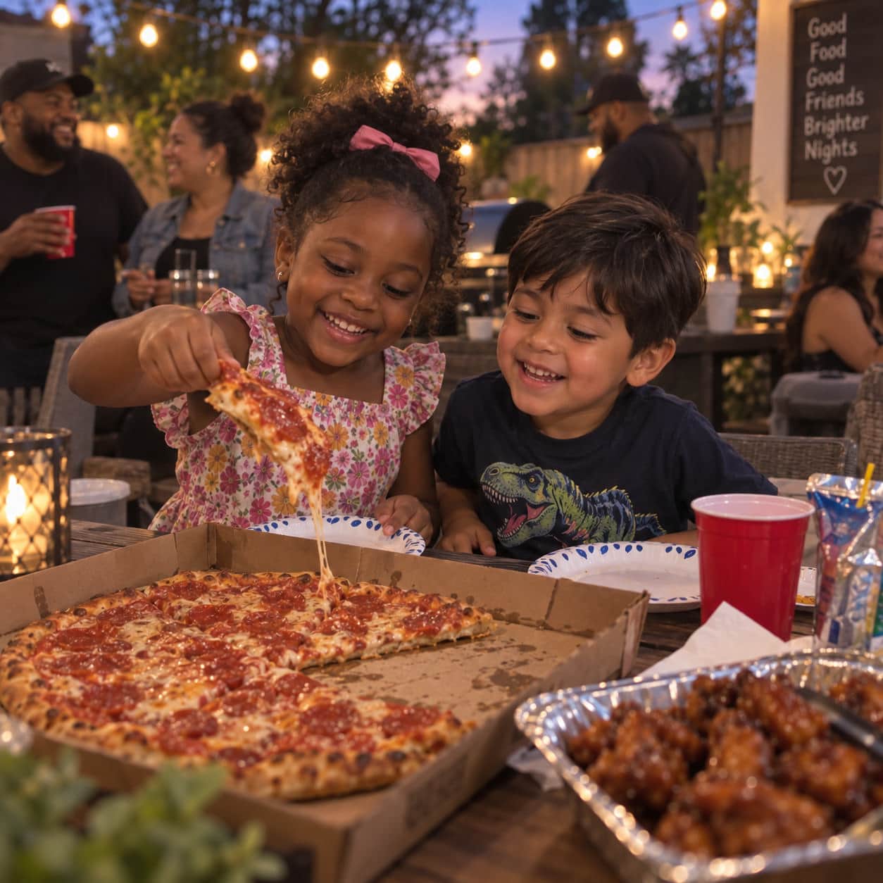 Children sharing pizza at an outdoor family gathering