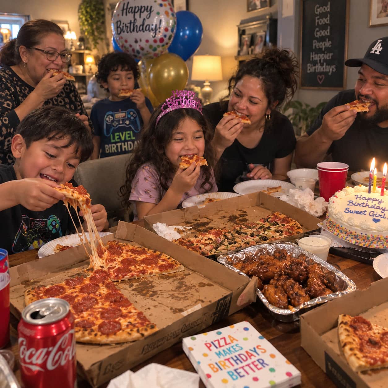 Family celebrating a birthday together with pizza and wings