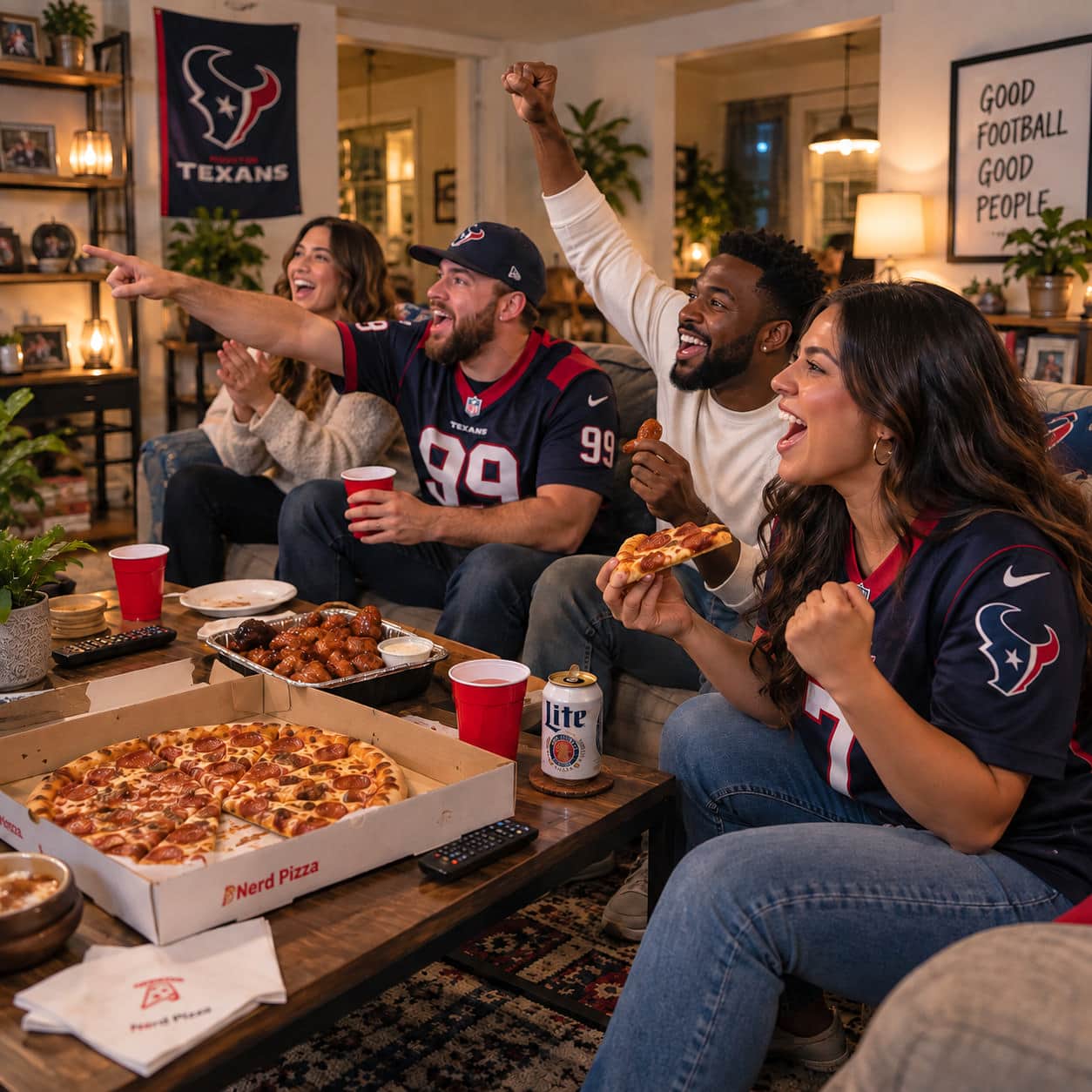 Friends enjoying Nerd Pizza and wings together at a football watch party